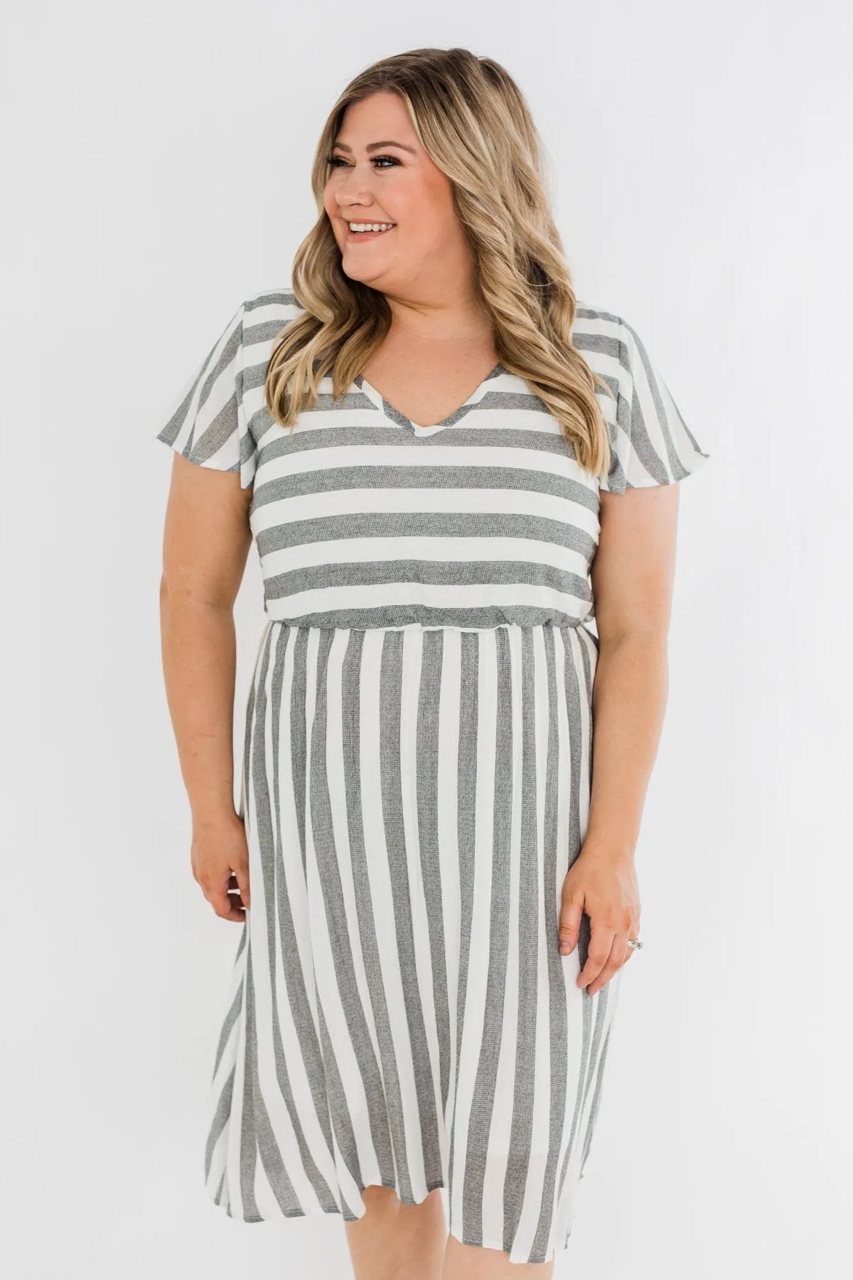 Make My Heart Race Striped Dress- Ivory & Charcoal
