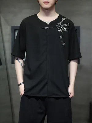 Male Bamboo Embroidered Half Sleeve Metal Button Shirt