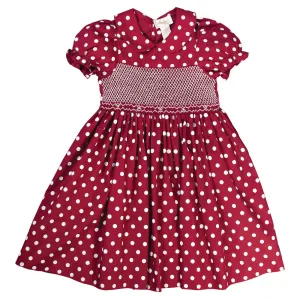 Maroon and White Polka Dot English Smocked Dress