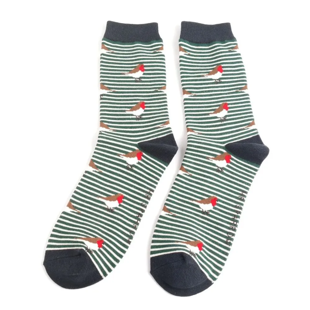 Mens Green & White Socks with Robins
