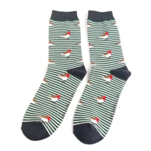 Mens Green & White Socks with Robins