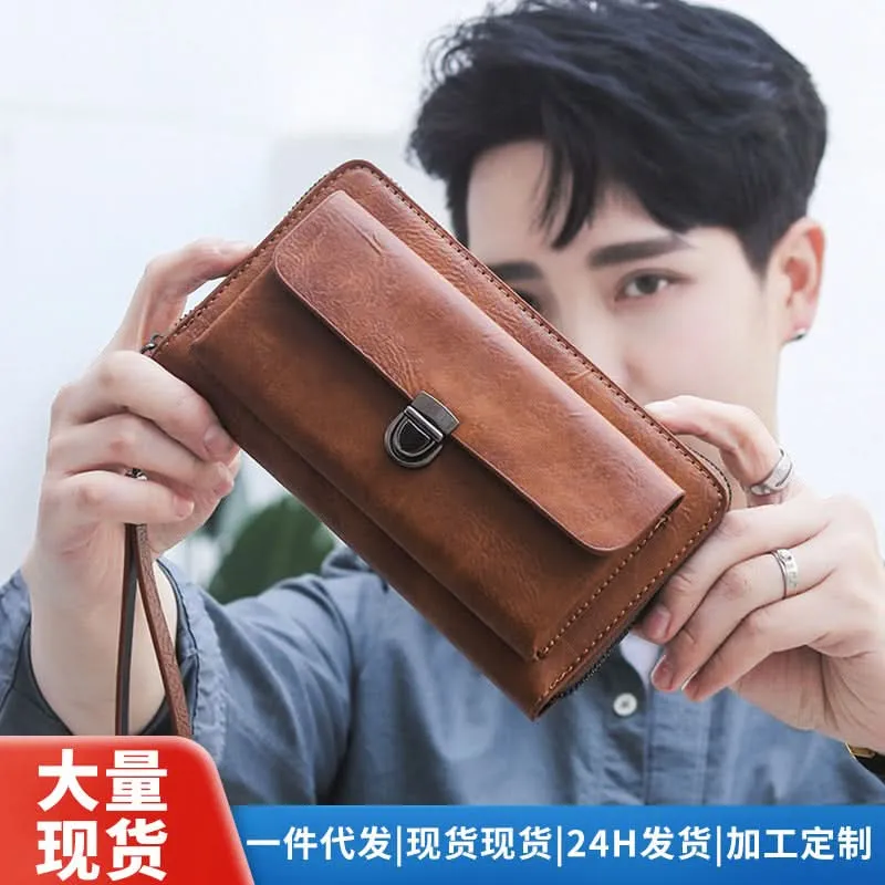 Men’s PU Leather Long Wallet – Multi-Card Clutch with Zipper & Phone Slot