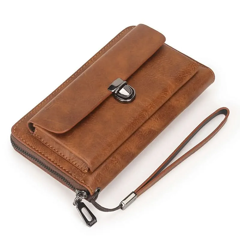 Men’s PU Leather Long Wallet – Multi-Card Clutch with Zipper & Phone Slot