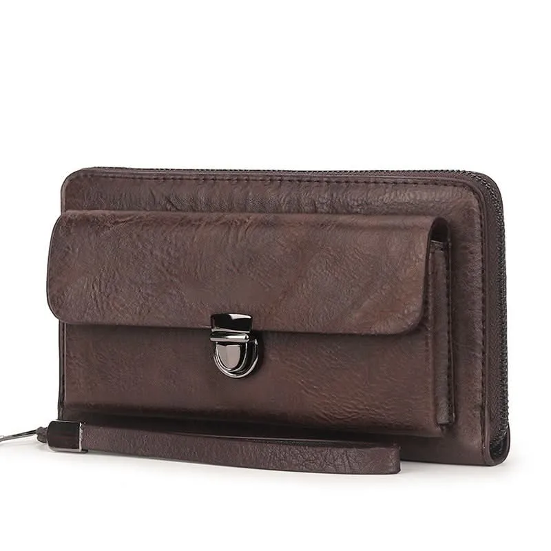 Men’s PU Leather Long Wallet – Multi-Card Clutch with Zipper & Phone Slot