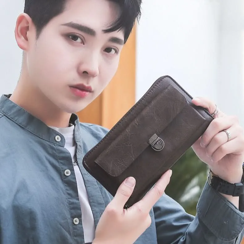 Men’s PU Leather Long Wallet – Multi-Card Clutch with Zipper & Phone Slot