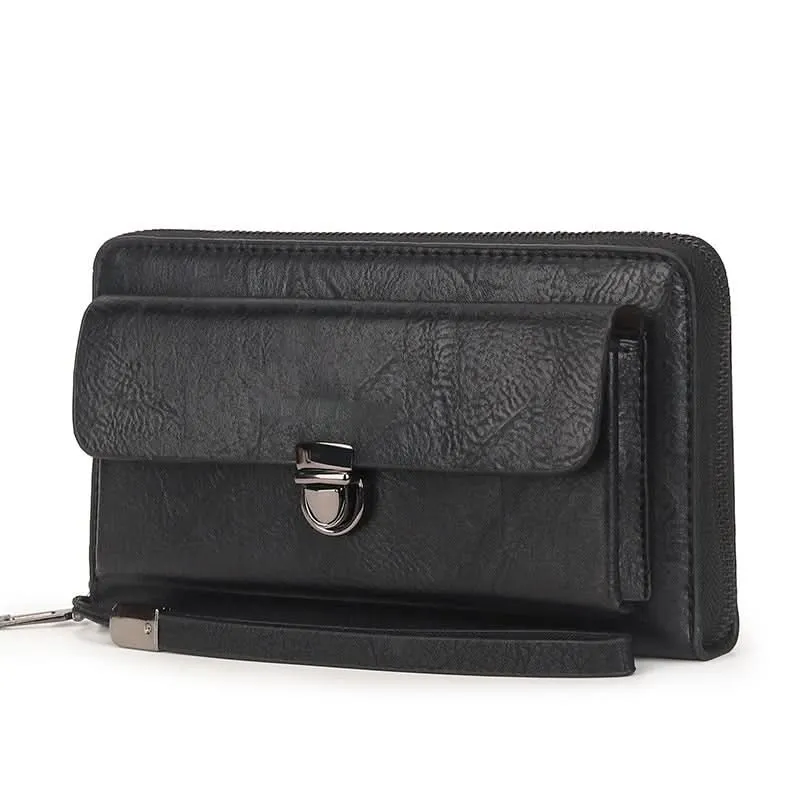 Men’s PU Leather Long Wallet – Multi-Card Clutch with Zipper & Phone Slot