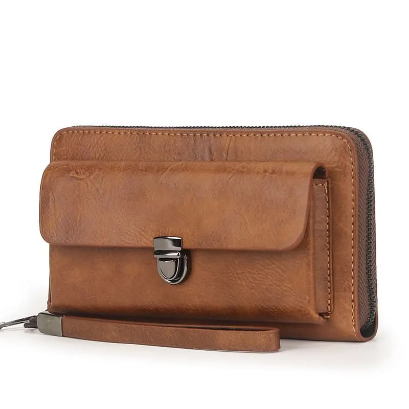 Men’s PU Leather Long Wallet – Multi-Card Clutch with Zipper & Phone Slot