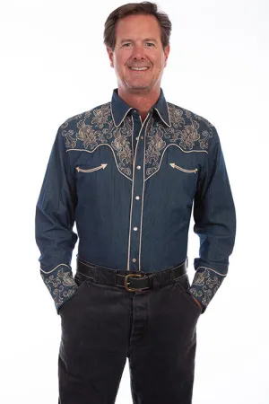 Men's Vintage Western Shirt Collection: Scully Leaf Scroll on Denim