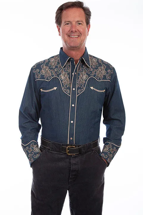 Men's Vintage Western Shirt Collection: Scully Leaf Scroll on Denim