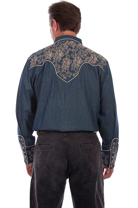 Men's Vintage Western Shirt Collection: Scully Leaf Scroll on Denim