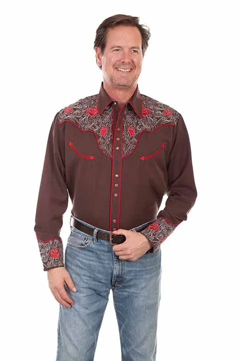 Men's Vintage Western Shirt Collection: Scully Red Roses and Pick Stitch Chocolate