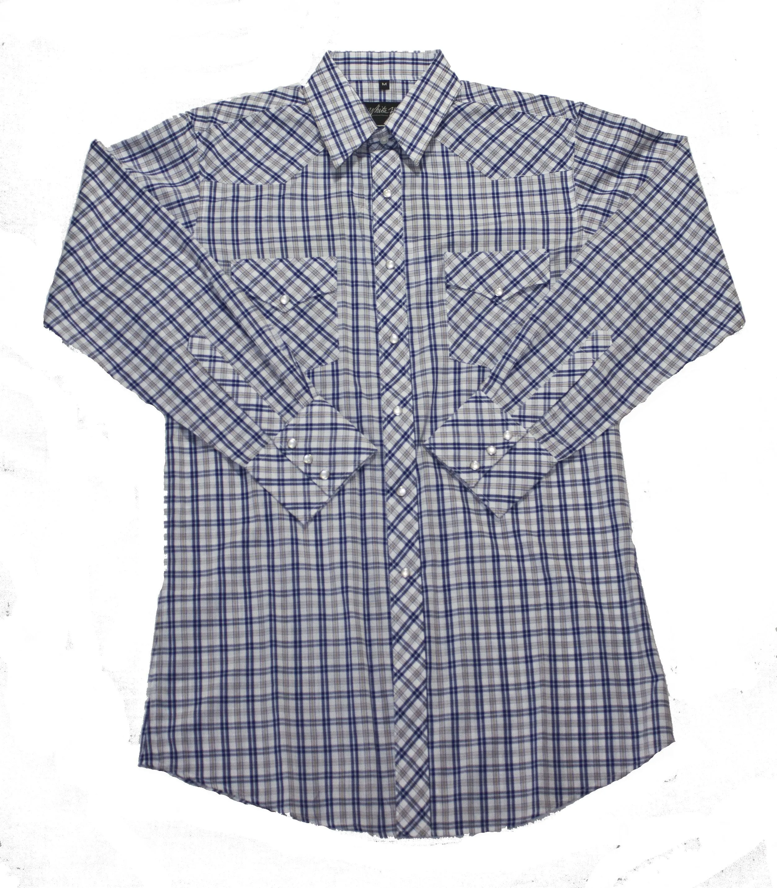 Men's Western Shirt: White Horse Plaid Blue Tan