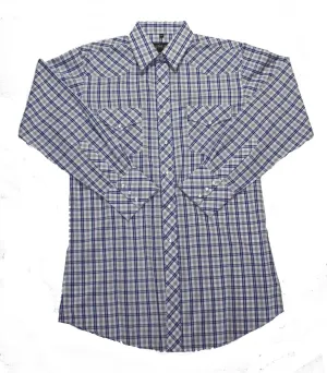 Men's Western Shirt: White Horse Plaid Blue Tan