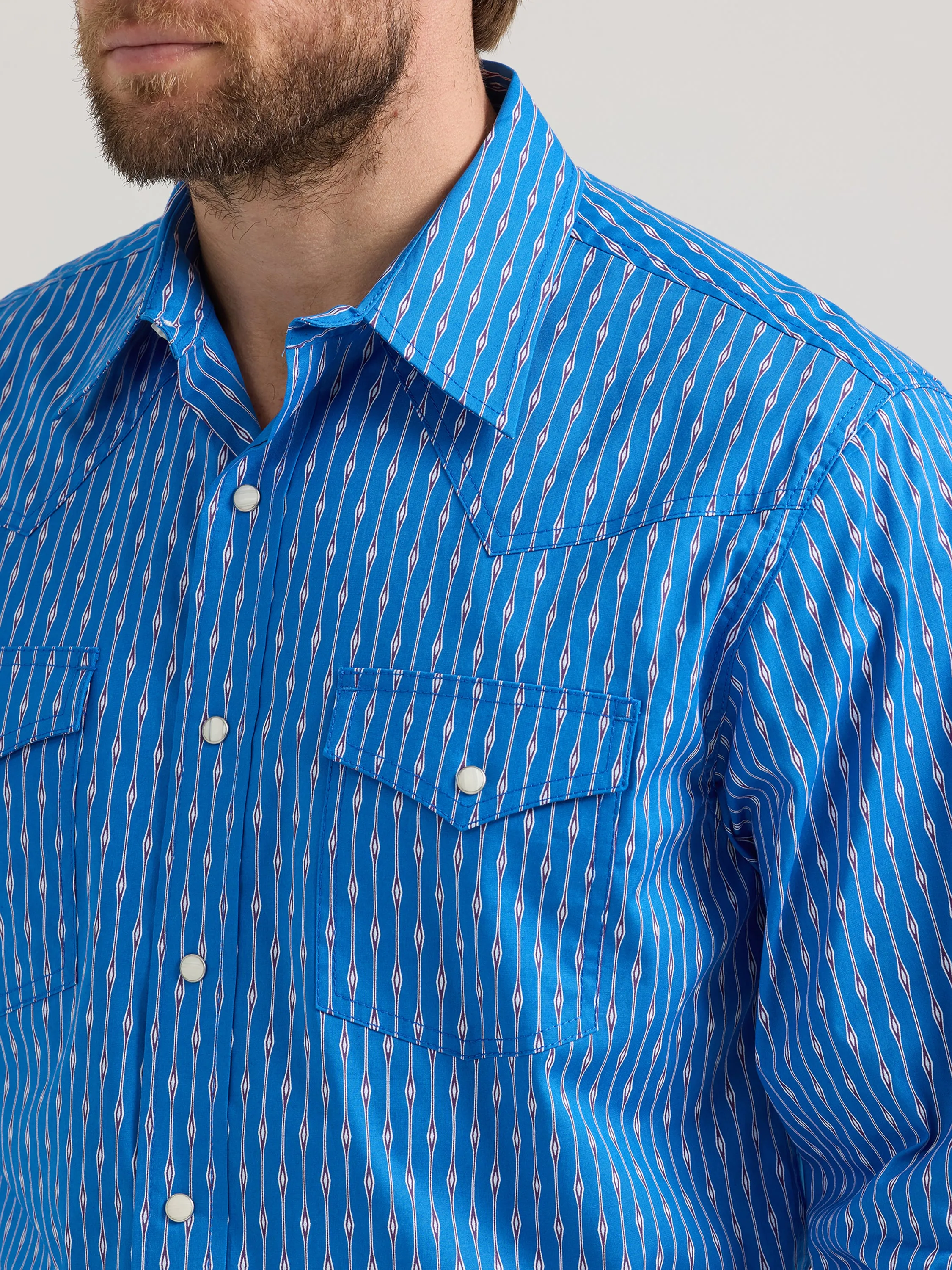 Men's Wrangler 20X Competition Advanced Comfort Blue/White Vertical Print Western Snap Shirt