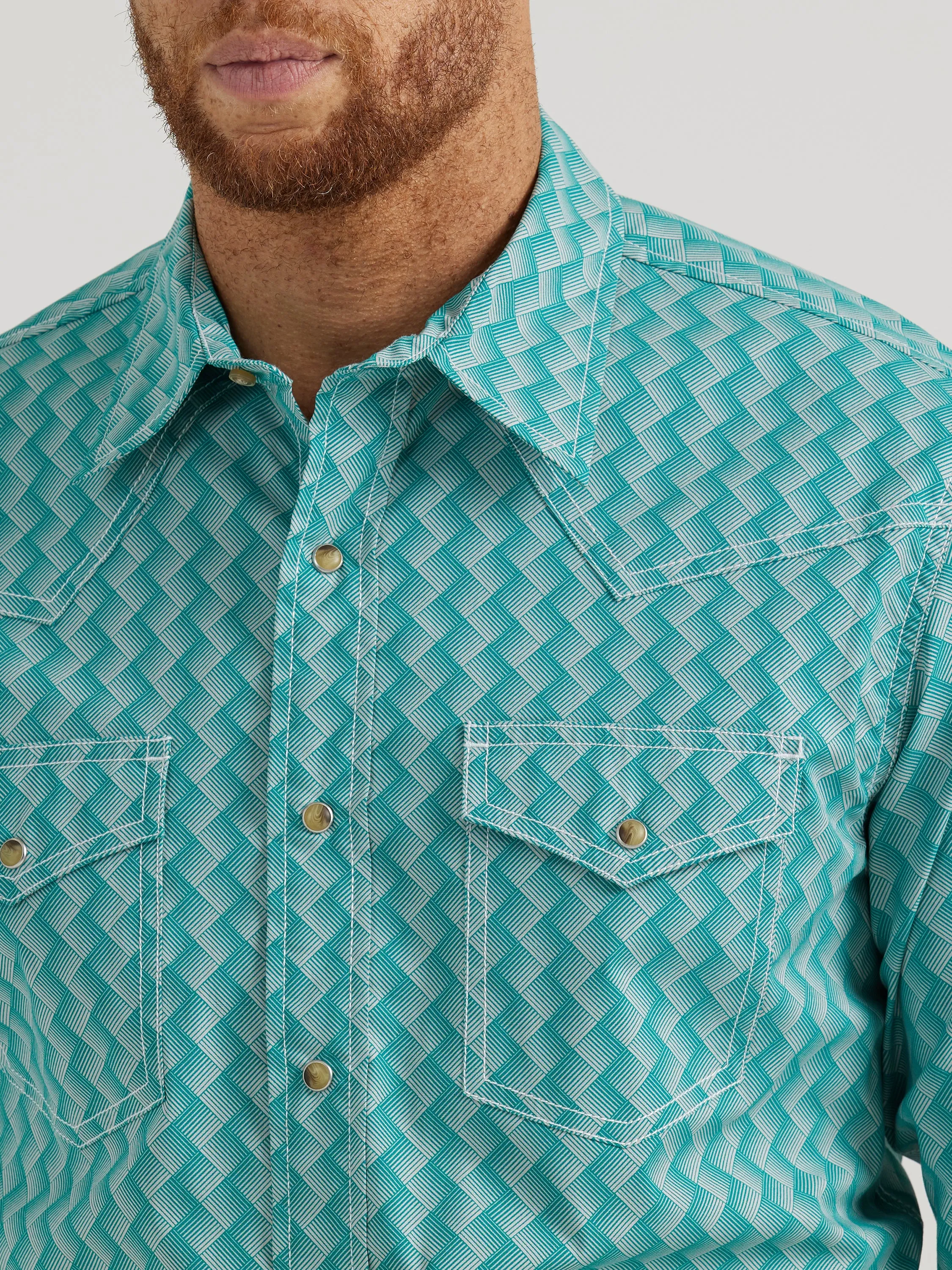 Men's Wrangler 20X Competition Advanced Comfort Green/White Weave Print Western Snap Shirt