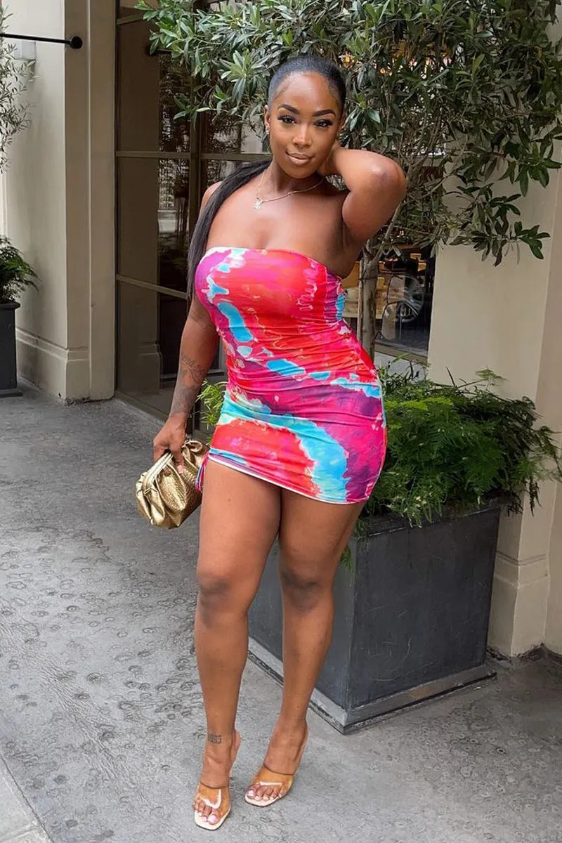 Multi Abstract Print Ruched Mini Tube Dress - Rimi