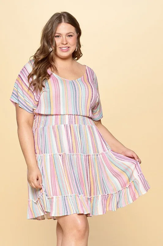 Multi-Color Stripe Printed Tiered Dress