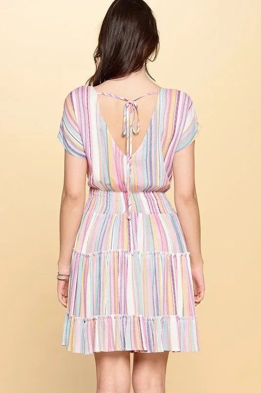 Multi-Color Stripe Printed Tiered Dress