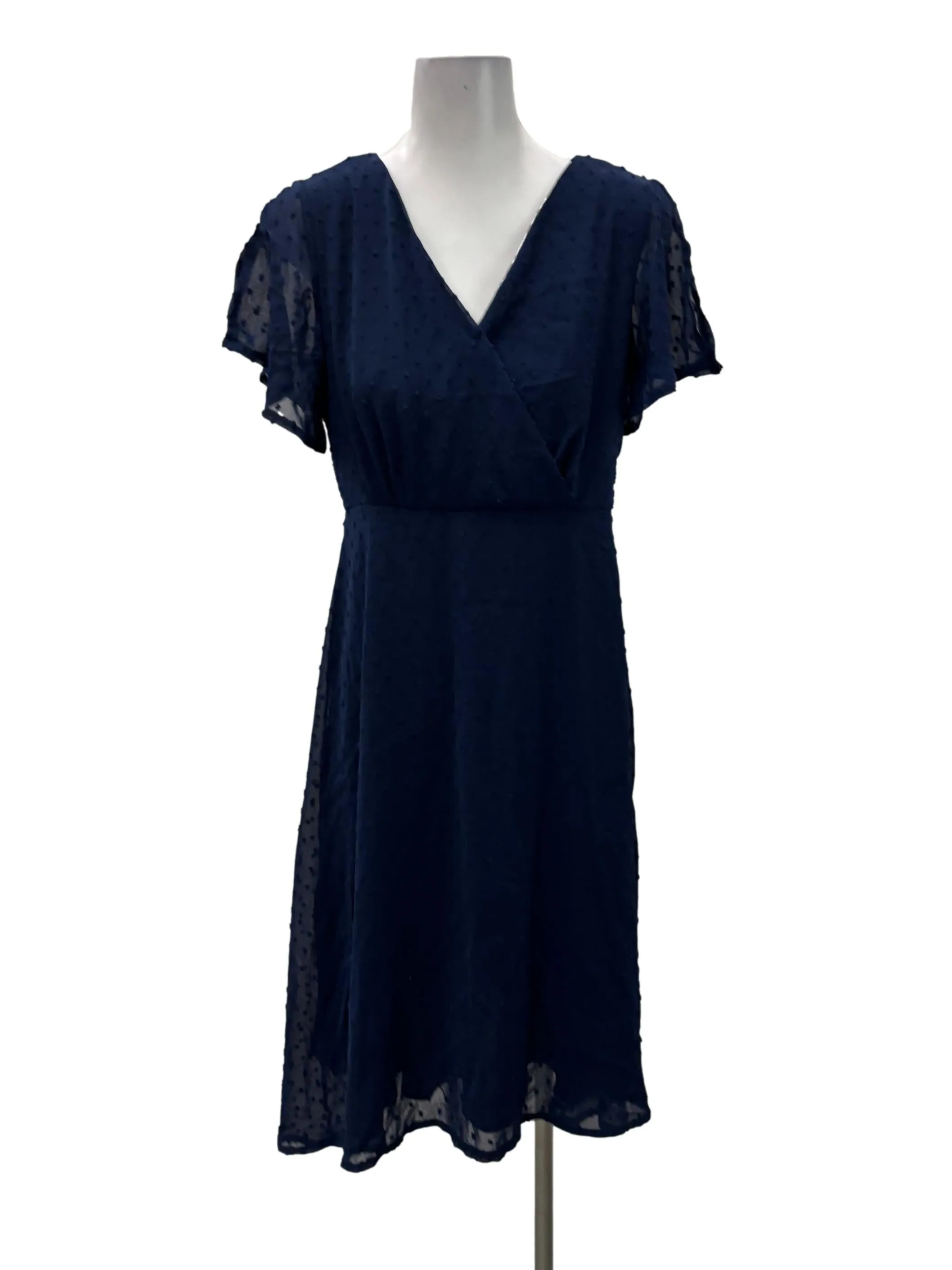 Navy Blue V-Neck Dotted Midi Dress