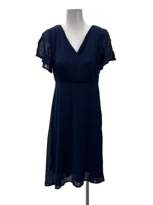 Navy Blue V-Neck Dotted Midi Dress