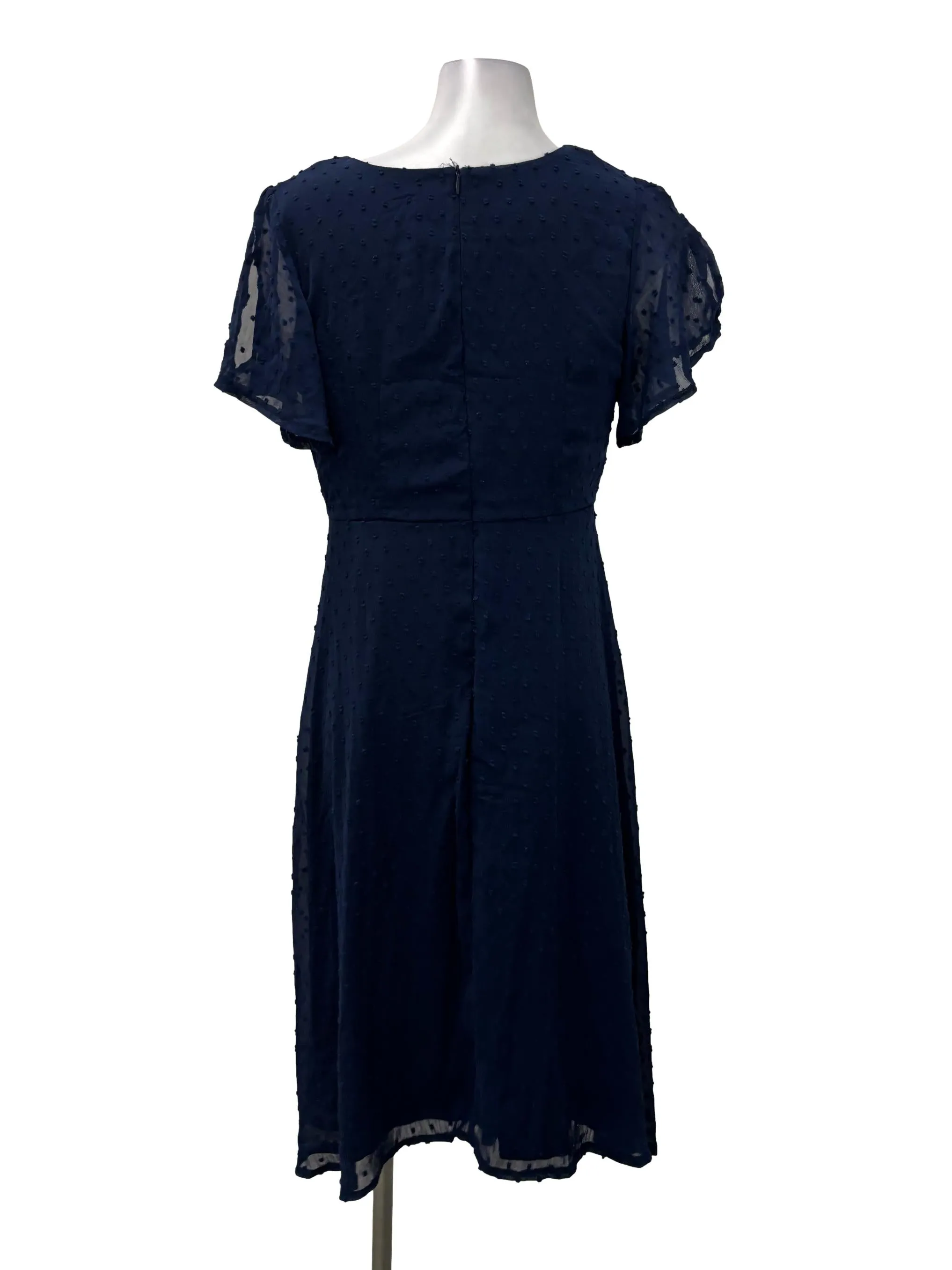 Navy Blue V-Neck Dotted Midi Dress