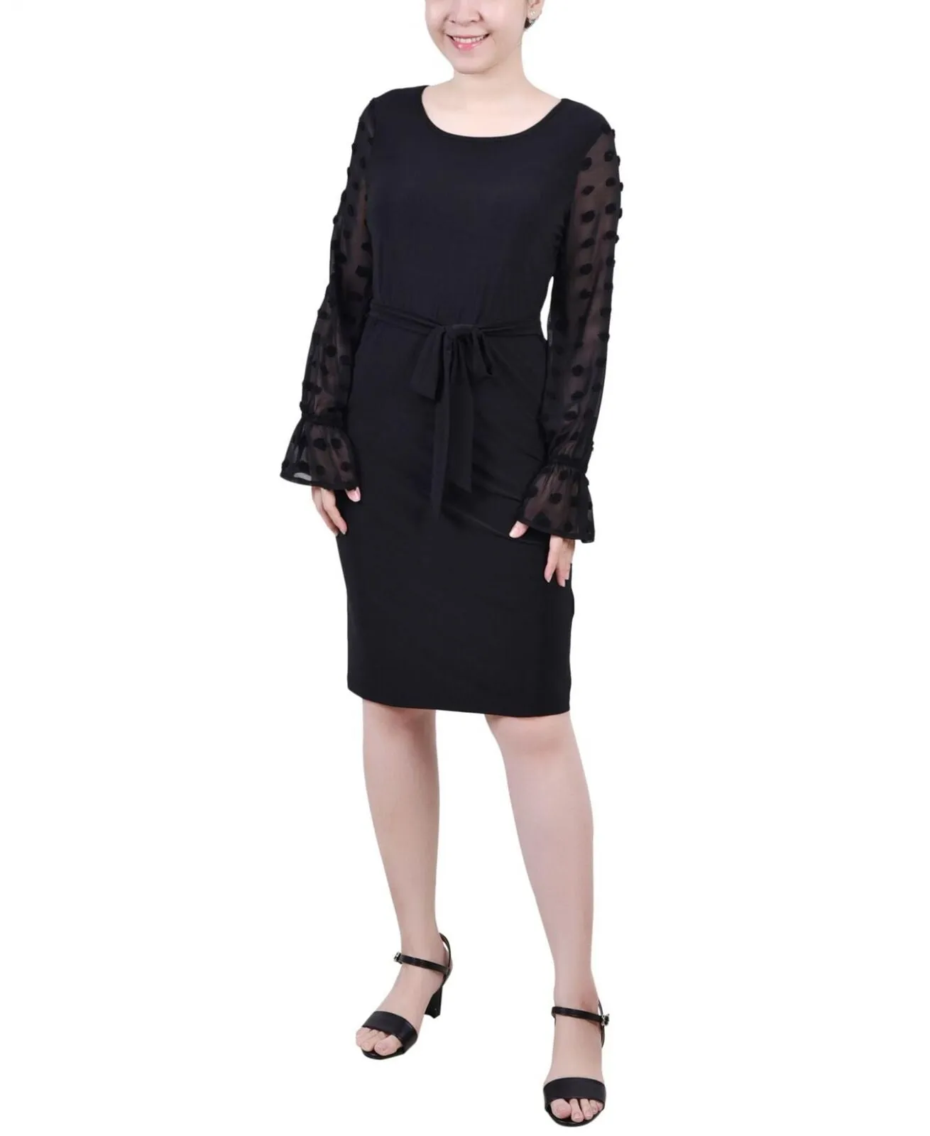 Ny Collection Womens Petite Long Chiffon-Sleeve Knit Dress PITD0501 Black PXL