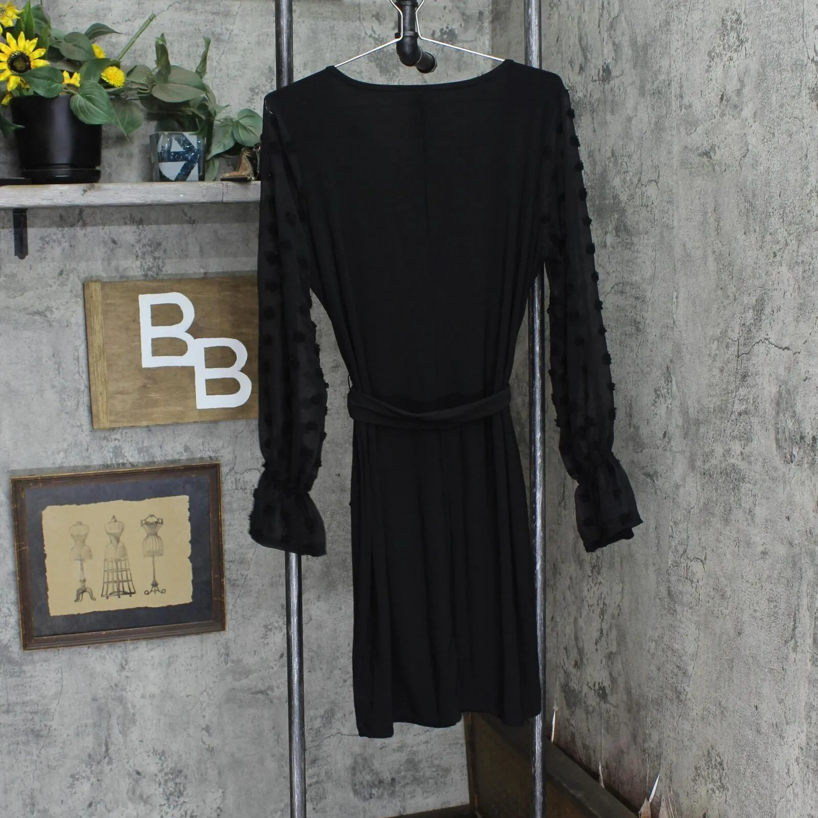 Ny Collection Womens Petite Long Chiffon-Sleeve Knit Dress PITD0501 Black PXL