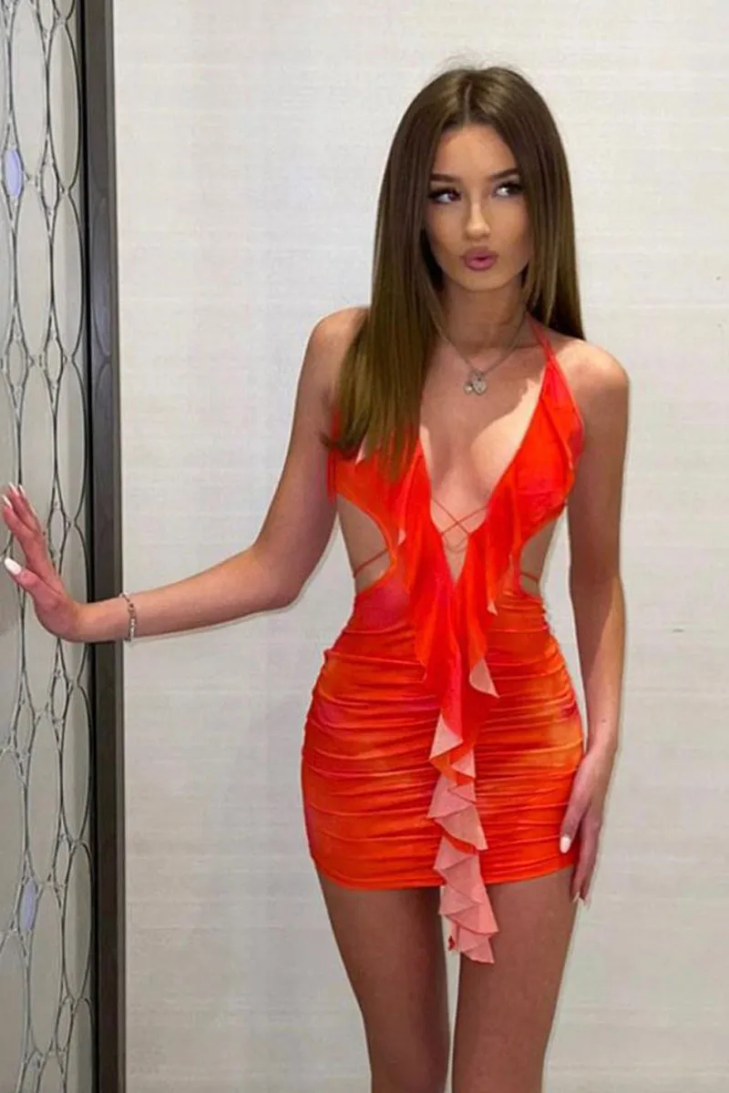 Orange Abstract Print Frill Detail Mini Dress - Anzu