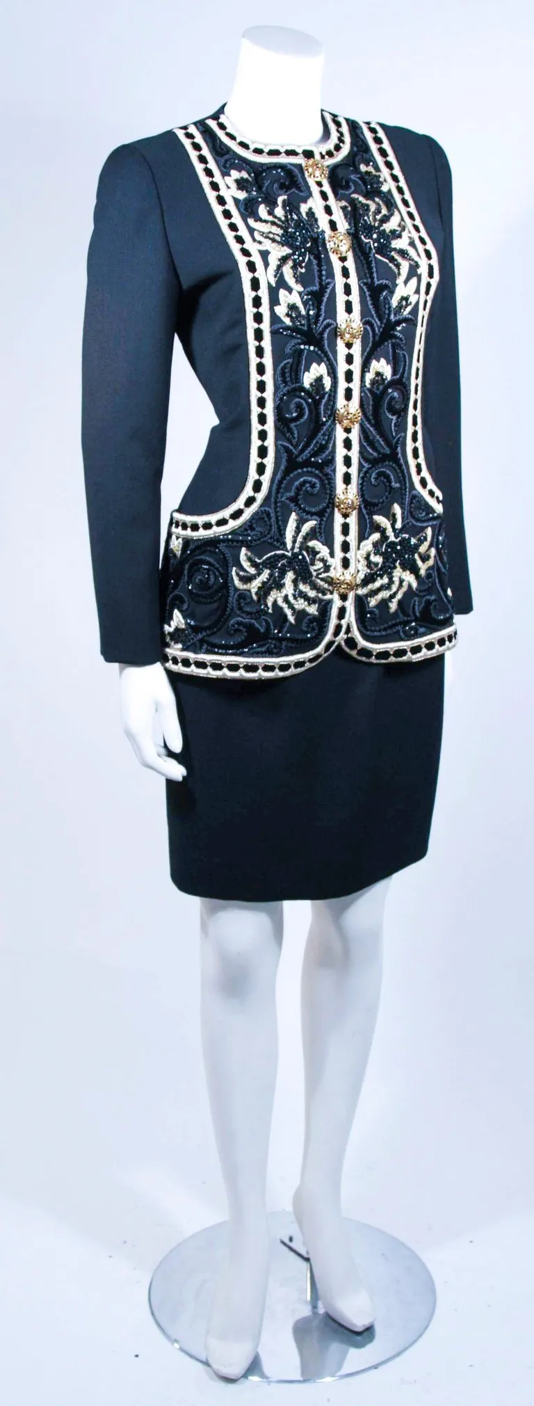 OSCAR DE LA RENTA Couture Embellished Black Wool Skirt Suit