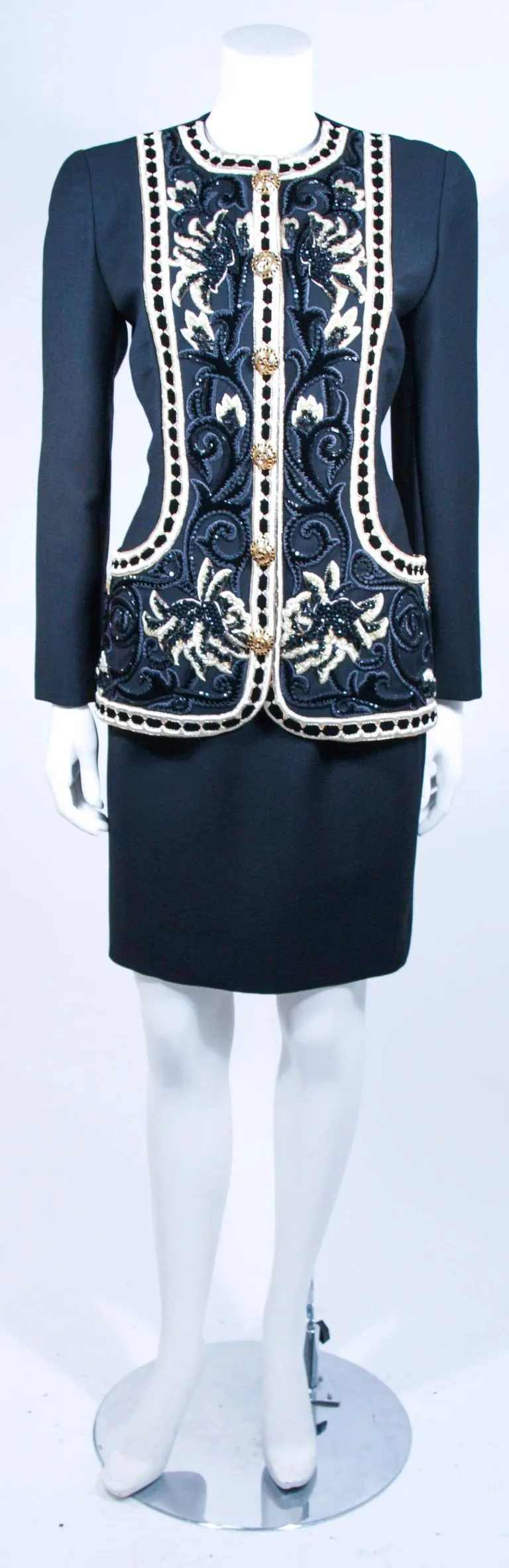 OSCAR DE LA RENTA Couture Embellished Black Wool Skirt Suit