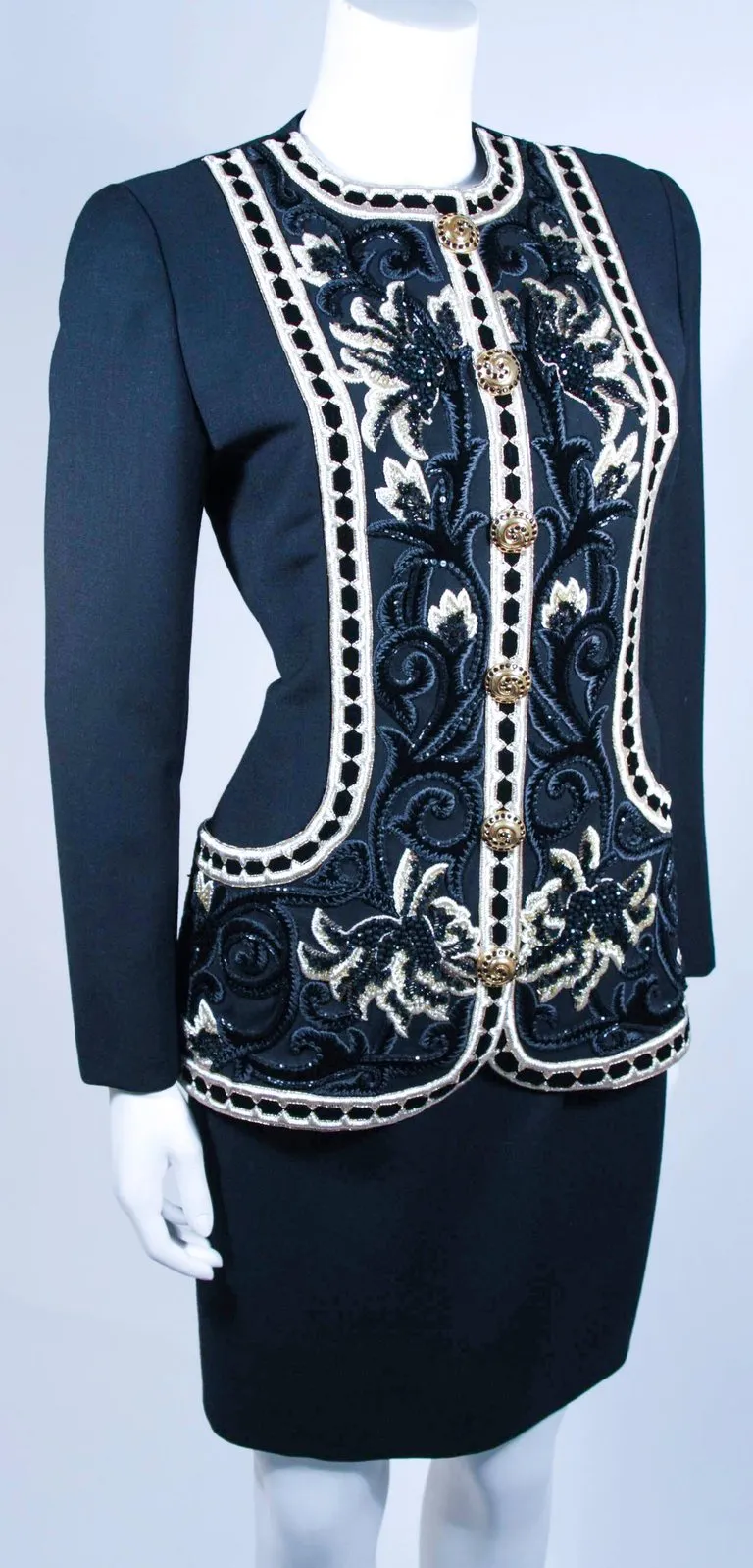 OSCAR DE LA RENTA Couture Embellished Black Wool Skirt Suit