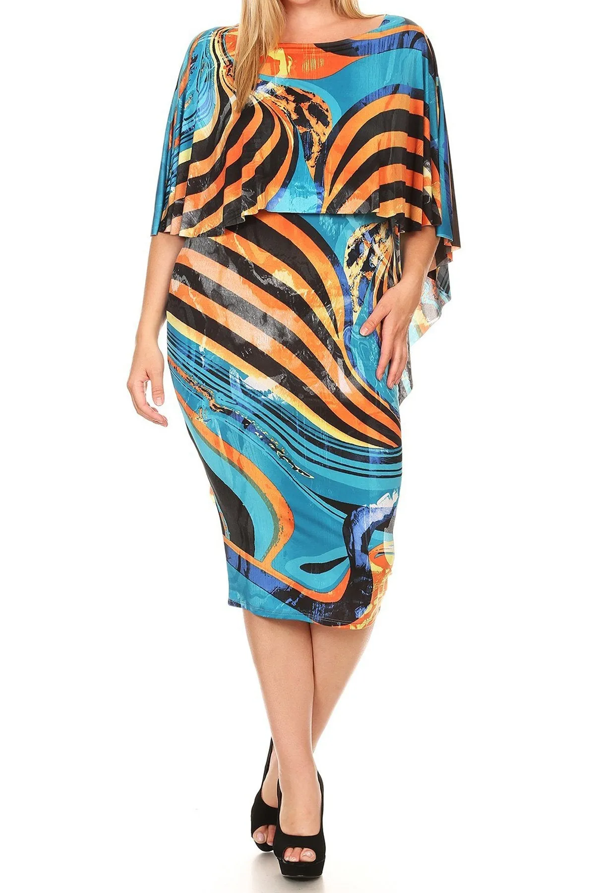 Plus Size Colorful Overlay Abstract Cape Dress