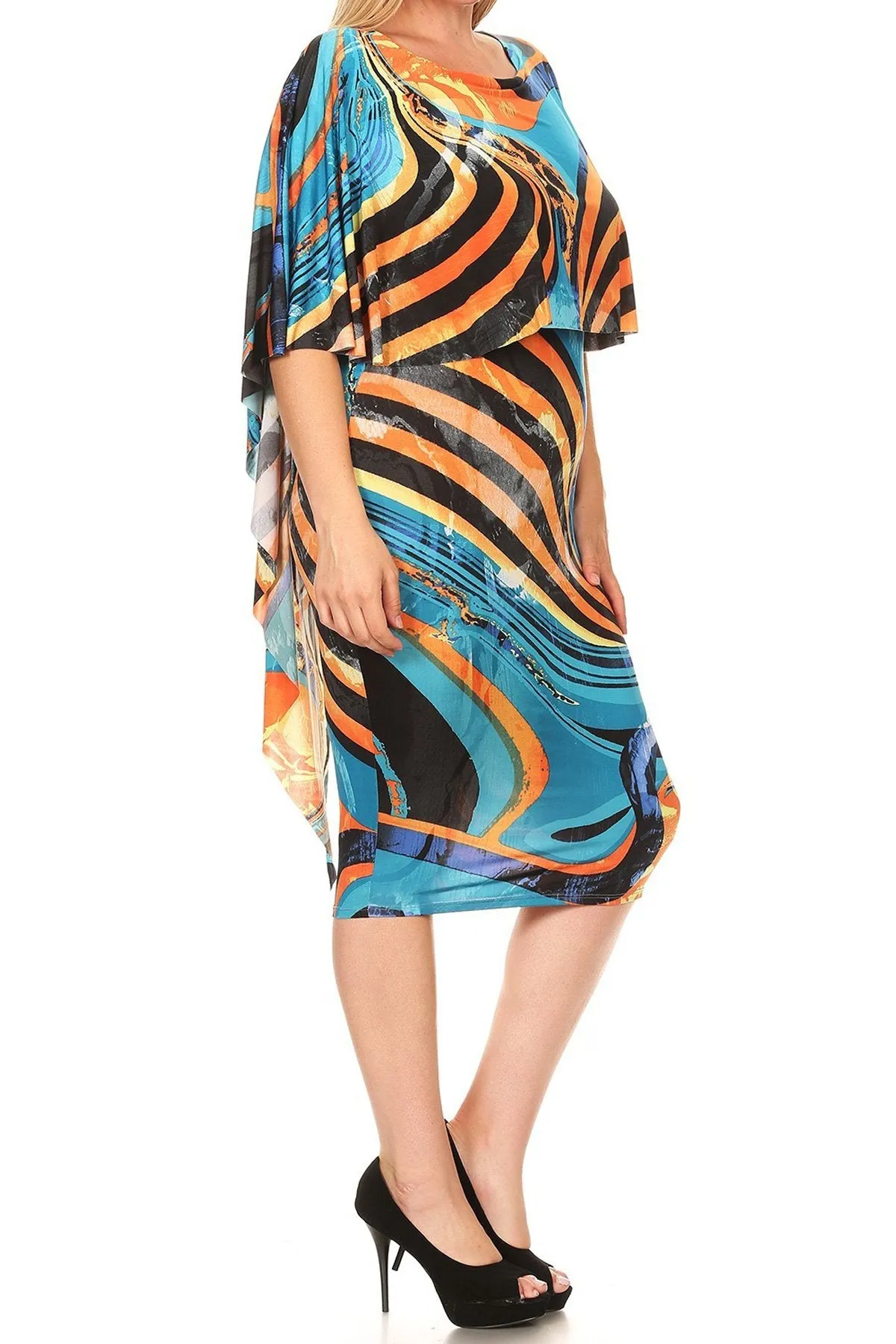 Plus Size Colorful Overlay Abstract Cape Dress