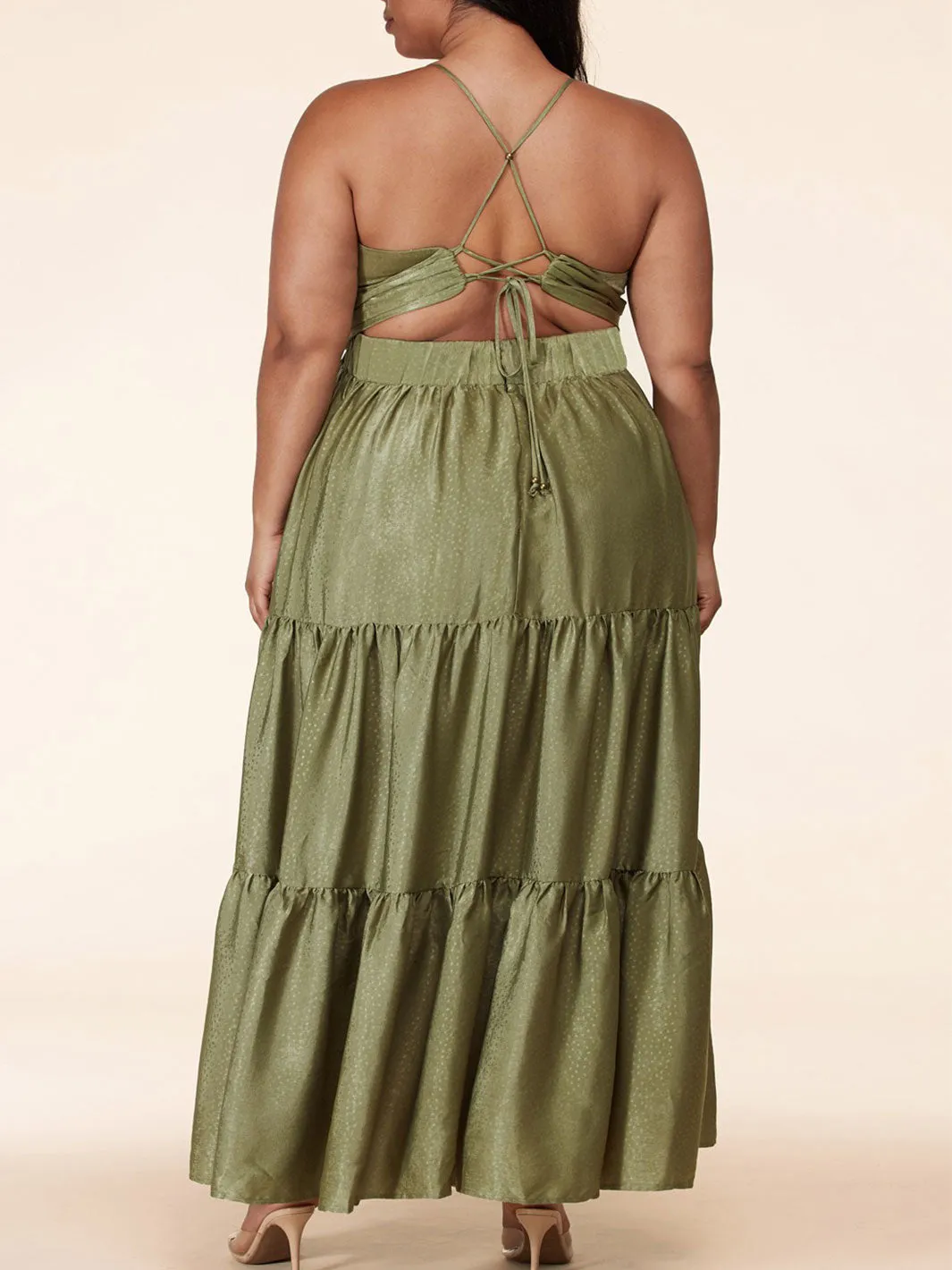 PLUS SIZE SLEEVELES BACK TIE V-NECK DOTTED TIERED MAXI DRESS