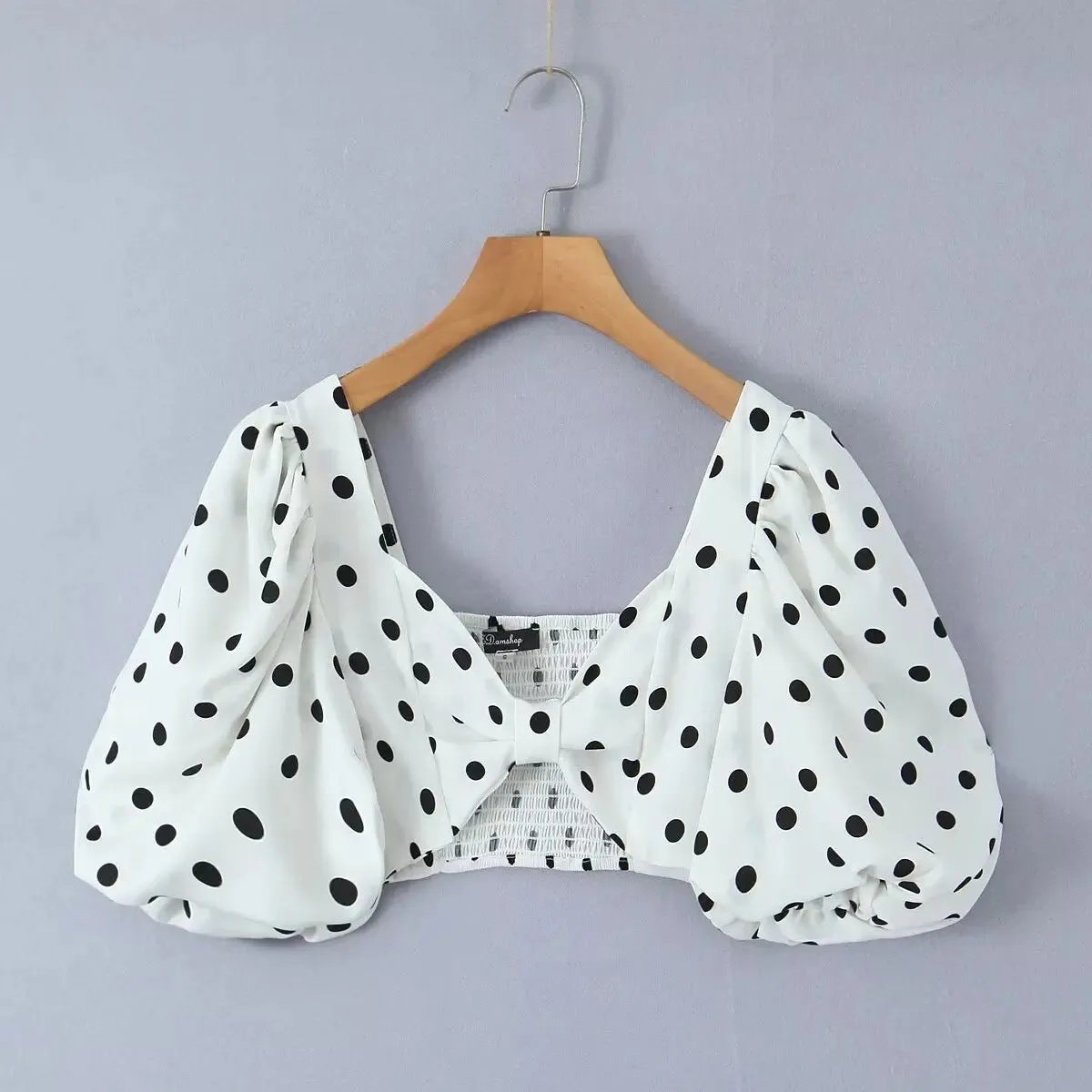 Polka Dot Print Skirt Suit Cropped Short Sleeves Square Neck Top Slit High Waist Chic Skirt Vintage Set
