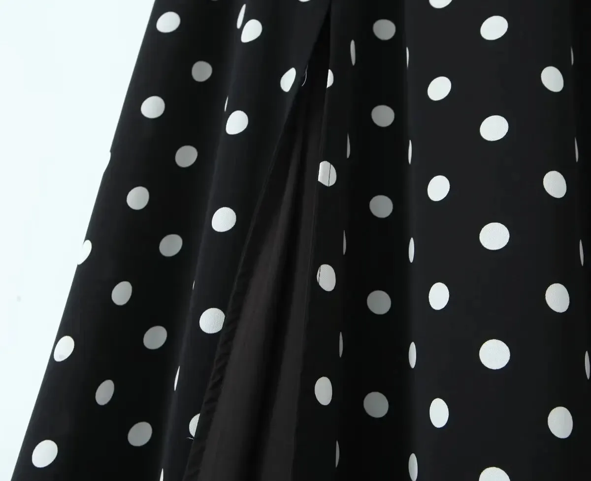 Polka Dot Print Skirt Suit Cropped Short Sleeves Square Neck Top Slit High Waist Chic Skirt Vintage Set