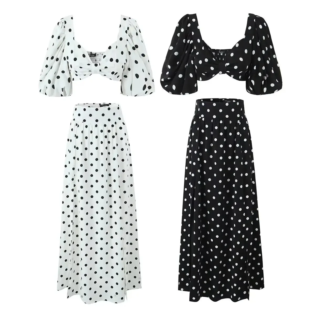 Polka Dot Print Skirt Suit Cropped Short Sleeves Square Neck Top Slit High Waist Chic Skirt Vintage Set