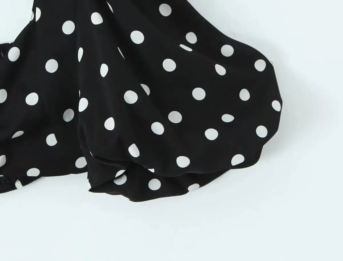 Polka Dot Print Skirt Suit Cropped Short Sleeves Square Neck Top Slit High Waist Chic Skirt Vintage Set