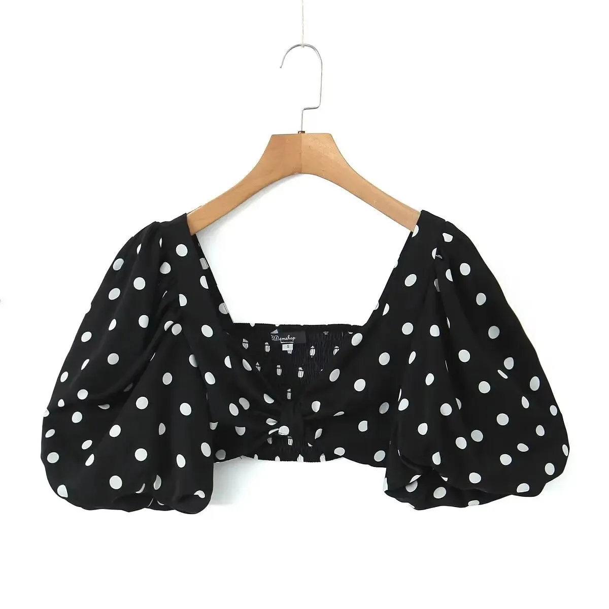 Polka Dot Print Skirt Suit Cropped Short Sleeves Square Neck Top Slit High Waist Chic Skirt Vintage Set