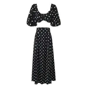 Polka Dot Print Skirt Suit Cropped Short Sleeves Square Neck Top Slit High Waist Chic Skirt Vintage Set