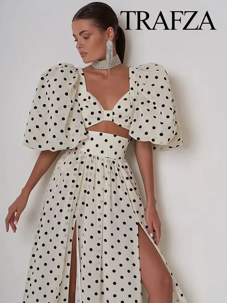 Polka Dot Print Skirt Suit Cropped Short Sleeves Square Neck Top Slit High Waist Chic Skirt Vintage Set