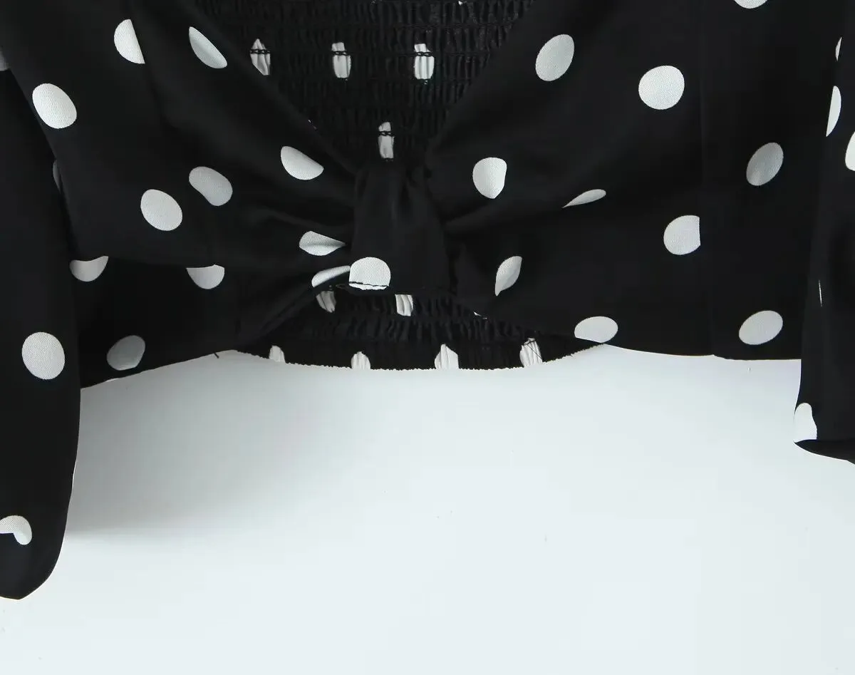 Polka Dot Print Skirt Suit Cropped Short Sleeves Square Neck Top Slit High Waist Chic Skirt Vintage Set