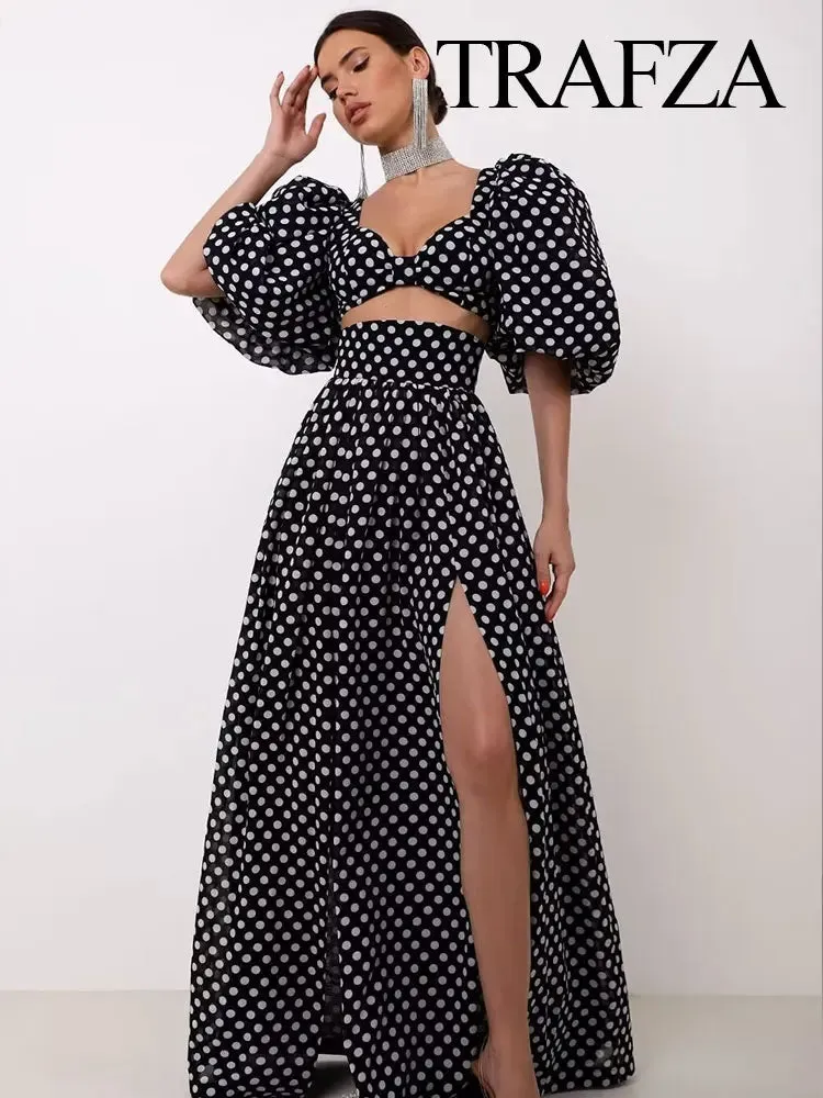 Polka Dot Print Skirt Suit Cropped Short Sleeves Square Neck Top Slit High Waist Chic Skirt Vintage Set