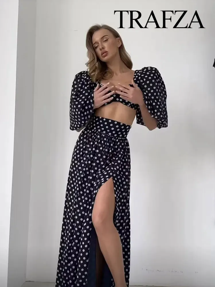 Polka Dot Print Skirt Suit Cropped Short Sleeves Square Neck Top Slit High Waist Chic Skirt Vintage Set