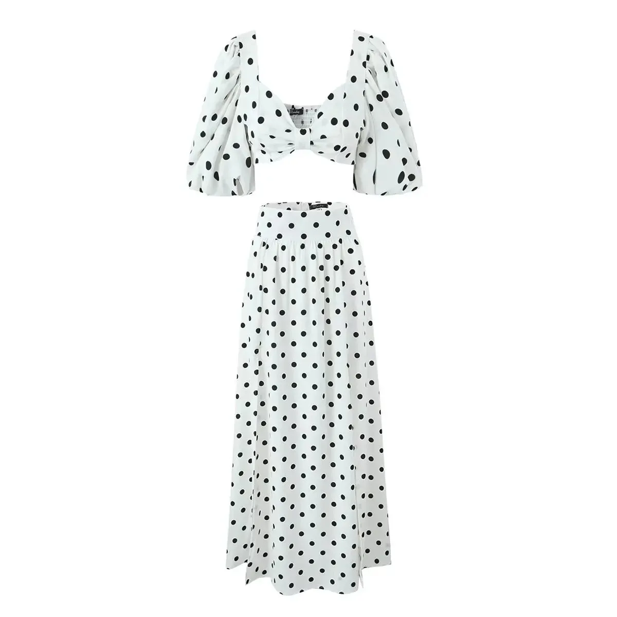 Polka Dot Print Skirt Suit Cropped Short Sleeves Square Neck Top Slit High Waist Chic Skirt Vintage Set