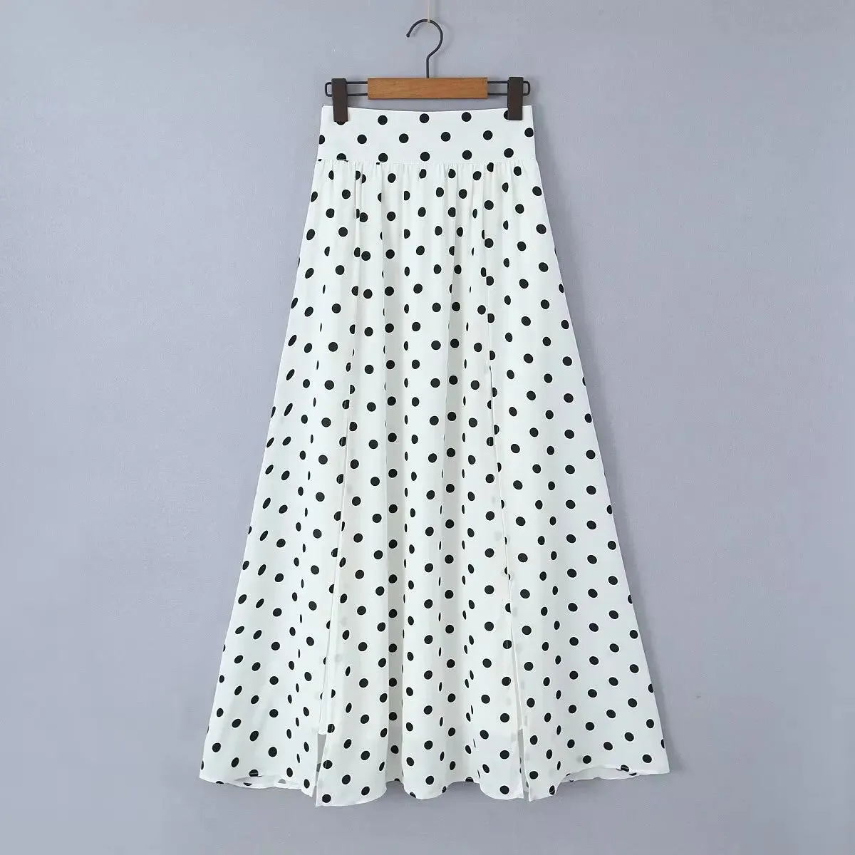 Polka Dot Print Skirt Suit Cropped Short Sleeves Square Neck Top Slit High Waist Chic Skirt Vintage Set