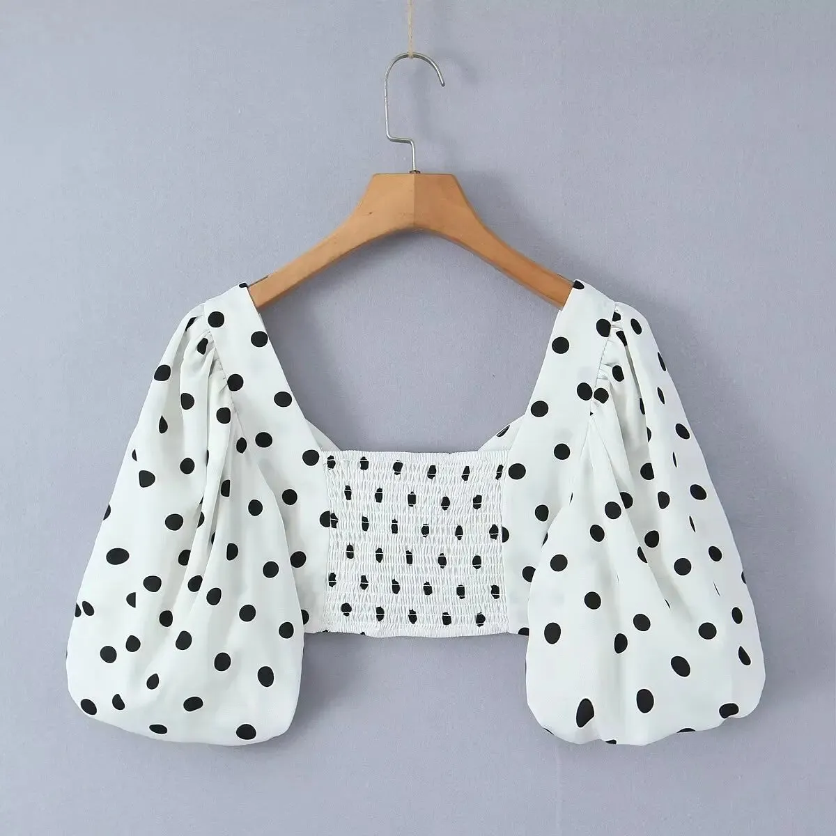 Polka Dot Print Skirt Suit Cropped Short Sleeves Square Neck Top Slit High Waist Chic Skirt Vintage Set