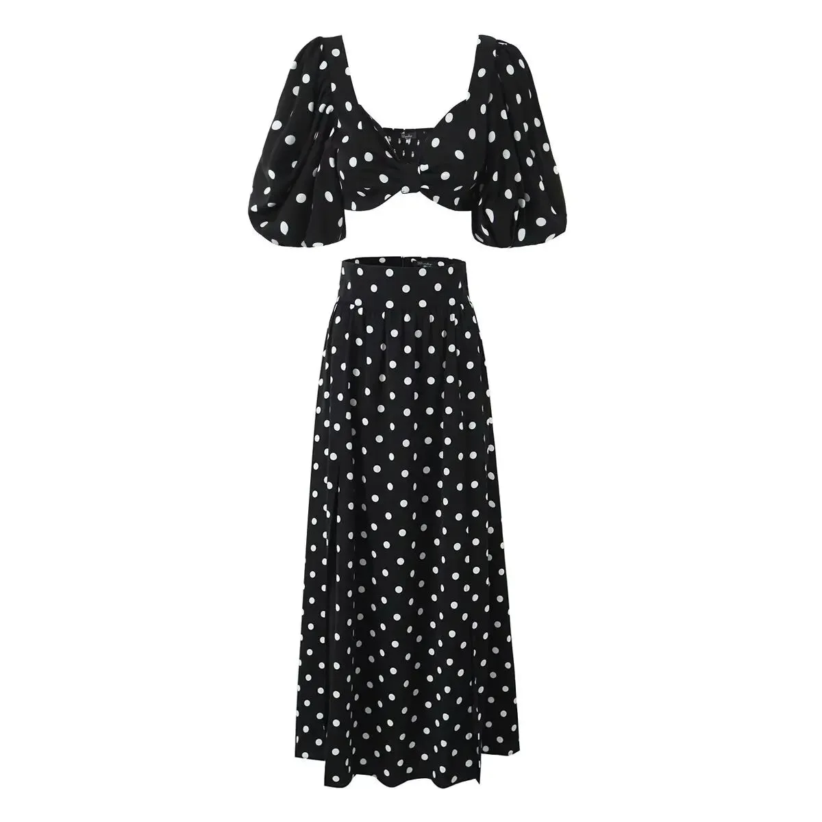 Polka Dot Print Skirt Suit Cropped Short Sleeves Square Neck Top Slit High Waist Chic Skirt Vintage Set