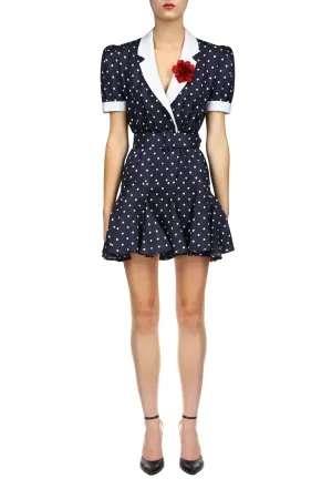 Polka Dot Silk Twill Collared Mini Dress With Belt Detail