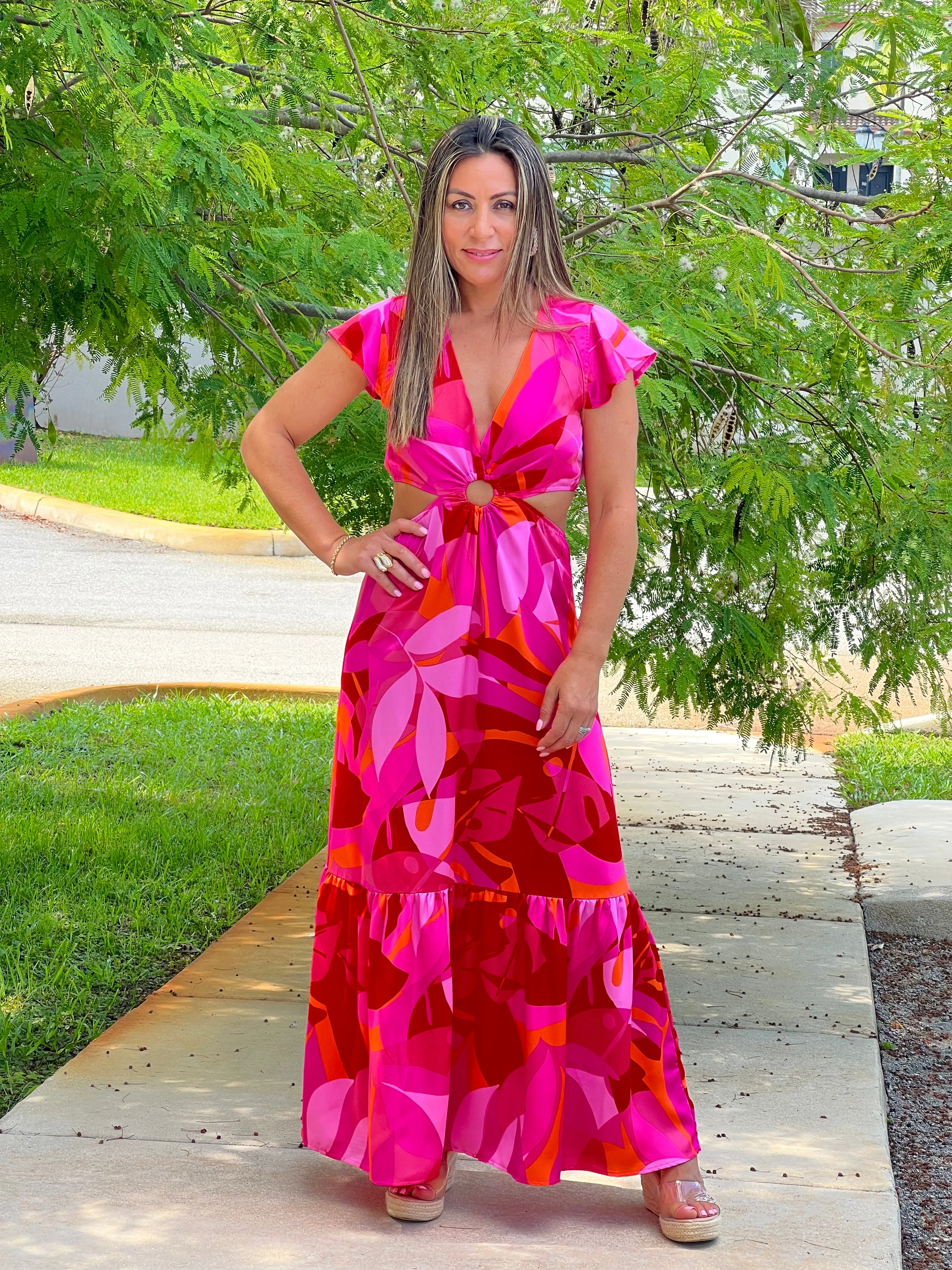 "Bari" Sangria Abstract O-Ring Cut Out Midi Dress